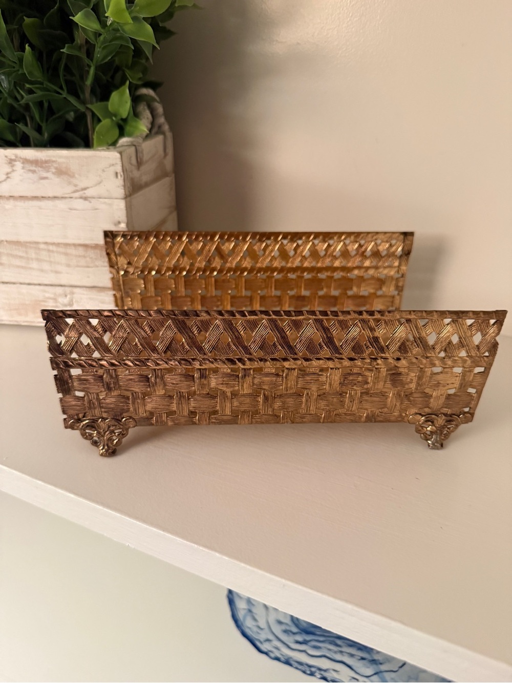 Vintage Hollywood Regency Gold Metal Letter Holder Mail Organizer Basket Vanity